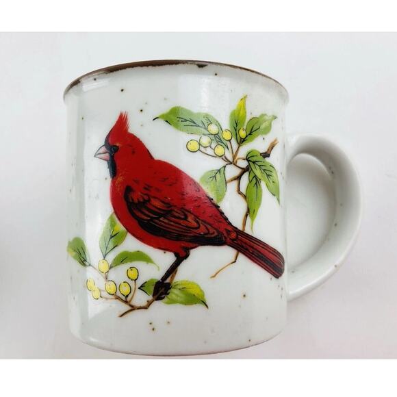 Set 2- Vintage Speckled Stoneware Red Cardinal Bird Ceramic Coffee Mugs Cups Tea - Picture 2 of 13